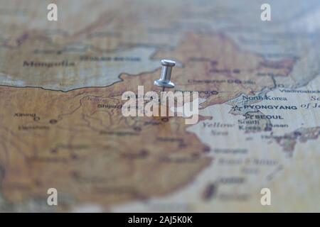 world map with map pins in some capital cities Stock Photo