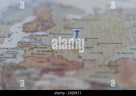 world map with map pins in some capital cities Stock Photo
