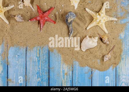 Many different star fish and shells on the sand beach on a blue wooden background Stock Photo