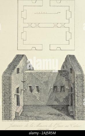 Vues des Cordillères, et monumens des peuples indigènes de l'Amérique . grotte, dans laquelle, daprès la tradition des indigènes, ily a des trésors cachés par Ataliualpa : on assure quun filet d cnu couluit jadissur ce sentier. Est-ce là quil faut chercher le jeu de ÏInca, et lenceinteétoit-elle placée de manière que le prince pût voir commodément ce qui sepassoit sui la pente rapide du rocher? Nous nous réservons de parler de cettegrotte dans la relation de notre voyage au Pérou. PLANCHE XX. Intérieur de la maison de lInca, au Canar. Cette Planche représente le plan et lintérieur du petit Stock Photo