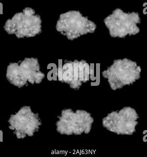 Set of nine fluffy clouds isolated on black background 3d illustration. Stock Photo