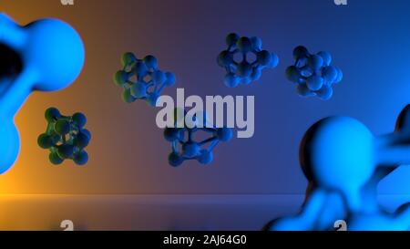 3d illustration of molecule over orange background with blue gears ...