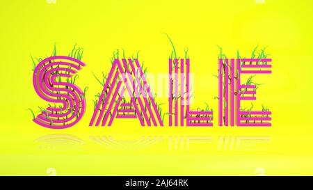 big red 3d letters forming the word SALE with green grass on it isolated on yellow background- 3d rendering illustration. Stock Photo