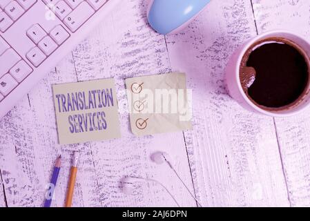Conceptual hand writing showing Translation Services. Concept meaning organization that provide showing to translate speech Writing equipment and comp Stock Photo