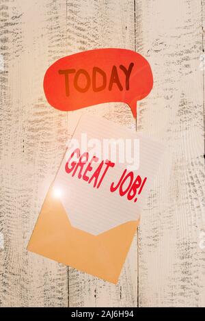 Text sign showing Great Job. Business photo text used praising someone for something they have done very well Front view open envelop speech bubble pa Stock Photo