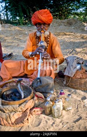 Snake charmer entertaining the visitors of Pushkar Camel Fair Stock Photo
