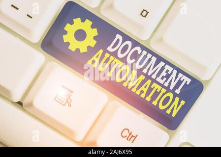 Writing note showing Document Automation. Business concept for workflows that assist in creation of electronic document Stock Photo