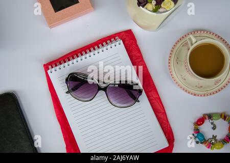 White paper, blank page of a text book in the office, copy space, business concept, different arranged objects Stock Photo
