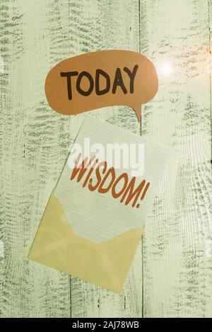 Text sign showing Wisdom. Business photo text the ability to use your knowledge and experience to make decisions Front view open envelop speech bubble Stock Photo