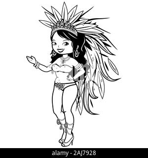 A beautiful carnival dancer wearing a costume with feathers. Black and white coloring page Stock Photo