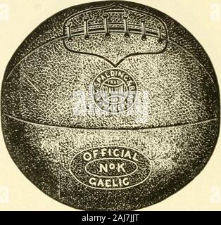 Spalding's how to play foot ball; . The case of our No. L Ball is constructed in eight sec-tions with capless ends, neat in appearance and veryserviceable. Material and workmanship are of highestquality and fully guaranteed. Each ball is packedcomplete in sealed box, with pure Para rubber guar-anteed bladder, foot ball inflater, rawhide lace andlacing needle. Contents guaranteed if seal is unbroken. No. L. ^Official Association Foot Ball, $5.00 Send for Spaldings handsomely illustrated catalogue.Mailed free to any address. A. G. SPALDING & BROS. New York Chicago Philadelphia San Francisco Bost Stock Photo