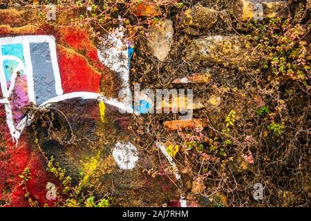 Wall art taken over by nature as moss and small plant life take grip on the brick waal covered in colourful graffiti Stock Photo
