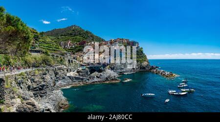 Manarola, Italy - June 02, 2019 : Manarola is a small town in the province of La Spezia, Liguria, northern Italy. It is the second-smallest of the fam Stock Photo