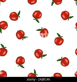 Seamless pattern with apples on white background. Red apple background. Cartoon fruit flat style tiling background, wallpaper, textile, printing. Vect Stock Photo