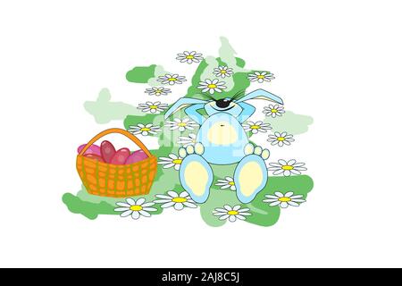 Easter Rabbit isolated on white background. Easter cartoon bunny lying on a meadow on a background of flower. Basket with eggs. Flat style vector Stock Photo