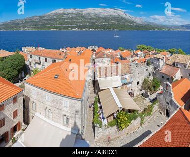 Croatia - The old town of Korcula from the church tower with the born house of Marco Polo in the middle. Stock Photo