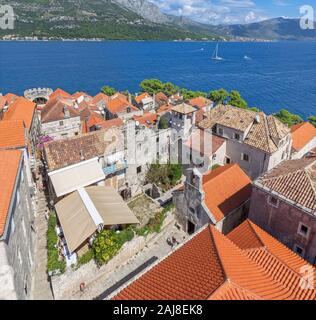 Croatia - The old town of Korcula from the church tower with the born house of Marco Polo in the middle. Stock Photo