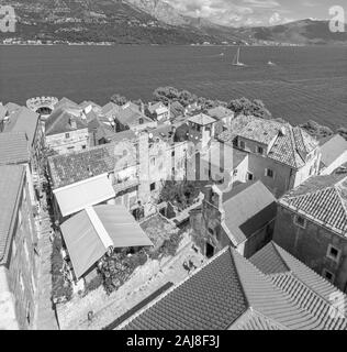 Croatia - The old town of Korcula from the church tower with the born house of Marco Polo in the middle. Stock Photo