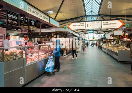 Torvehallerne market, view of people shopping inside the Torvehallerne KBH covered market in the Israels Plads area of Copenhagen, Denmark. Stock Photo