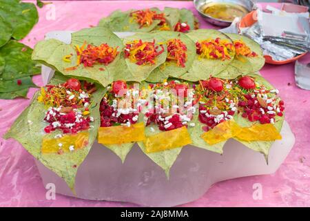 banarasi pan, betel nut garnished with all indian banarasi ingredients for sale (Selective Focus) Stock Photo