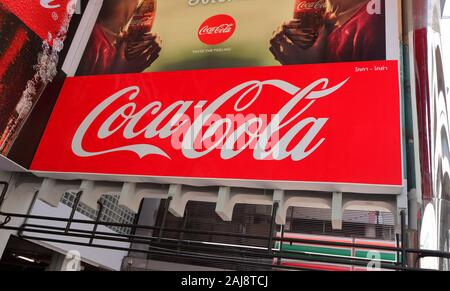 Bangkok, Thailand - January 3 2020 : Closeup coca cola sign installing at the wall of Lido Connect, a shopping mall in Siam Square area Stock Photo