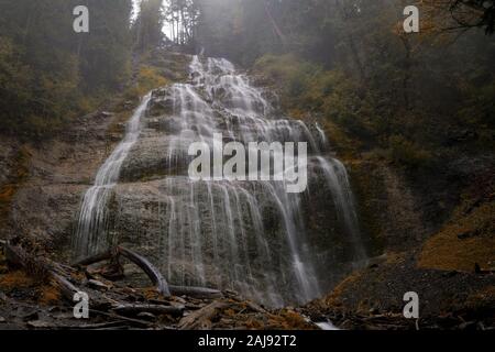 Bridal Veil Falls in Chilliwack, BC, Canada on a foggy, rainy autumn day Stock Photo