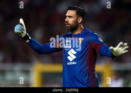 Turin, Italy. 22 August, 2019: Salvatore Sirigu of Torino FC gestures during the UEFA Europa League playoff football match between Torino FC and Wolverhampton Wanderers FC. Wolverhampton Wanderers FC won 3-2 over Torino FC. Credit: Nicolò Campo/Alamy Live News Stock Photo