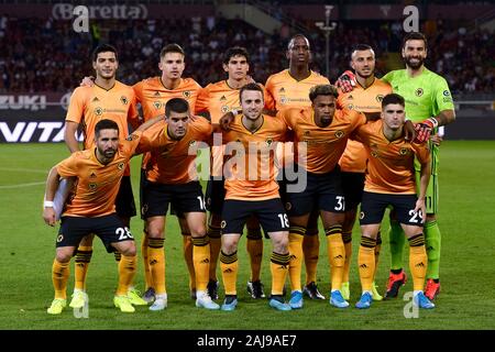 Turin, Italy. 22 August, 2019: Players of Wolverhampton Wanderers FC pose  for a team photo prior to the UEFA Europa League playoff football match  between Torino FC and Wolverhampton Wanderers FC. Wolverhampton