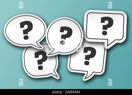 speech bubble stickers with question marks isolated on blue background, Q and A or frequently asked questions concept Stock Photo