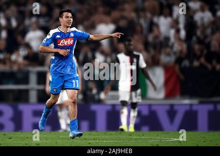 Turin, Italy. 31 August, 2019: Hirving Lozano of SSC Napoli celebrates after scoring a goal during the Serie A football match between Juventus FC and SSC Napoli. Juventus FC won 4-3 over SSC Napoli. Credit: Nicolò Campo/Alamy Live News Stock Photo