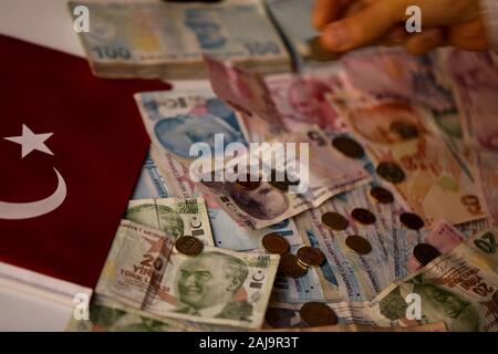 December 22, 2019: Turkish Lira banknotes are displayed in Turkey on December 2019. The Turkish Lira is the unit of the Turkish money. Turkish lira banknotes are in denomination of 1, 5, 10, 20, 50, 100, and 200 liras. The lira is divided into 100 KuruÅŸ. The Turkish lira is the currency of Turkey and of the Turkish Republic of Northern Cyprus Credit: Muhammad Ata/IMAGESLIVE/ZUMA Wire/Alamy Live News Stock Photo