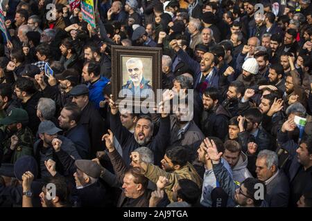 Tehran, Iran. 03rd Jan, 2020. Thousands of Iranians take to the streets as they mourn the death of Iranian Revolutionary Guard Commander Qassem Soleimani during a demonstration after Friday prayer in Tehran, Iran, on January 3, 2020. Soleimani was killed by the U.S. airstrike in Baghdad, Iraq. Photo by Maryam Rahmanian/UPI Credit: UPI/Alamy Live News Stock Photo