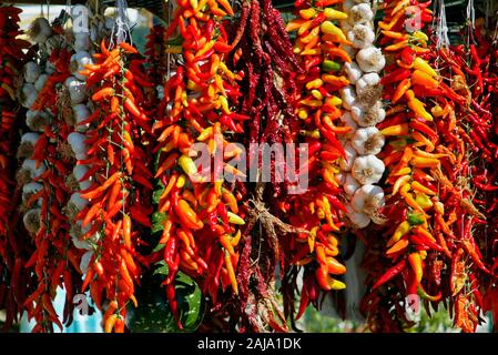 Chilli, peppers, dried hot peppers and garlic at Positano, Amalfitana, Campania, Italy Europe Stock Photo