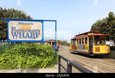 Fisherman Wharf sign at cable car station in San Francisco United