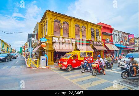 PHUKET, THAILAND - APRIL 30, 2019: Walk historic streets of the Old Town and watch preserved Peranakan houses, also called Sino-Portuguese townhouses, Stock Photo