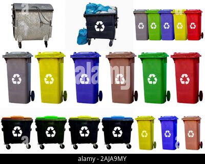 Collage garbage cans of different colors Stock Photo