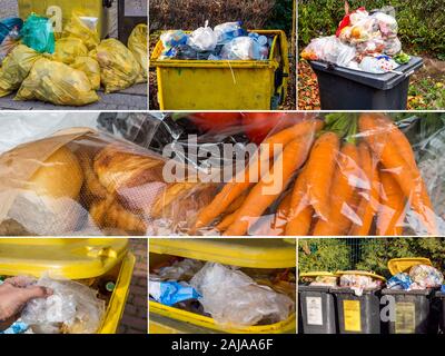 Yellow bin with plastic waste collage food Stock Photo
