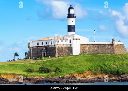 View of the famous Farol da Barra Lighthouse in Salvador da Bahia, Brazil. Dating from the year 1698, it is said to be the oldest lighthouse in South Stock Photo