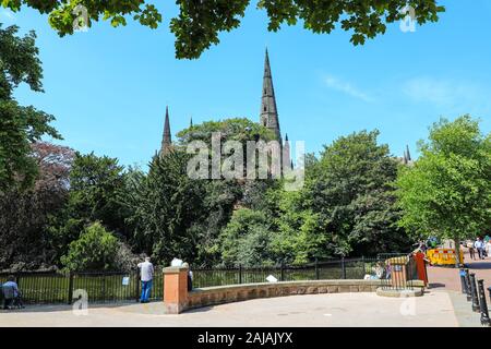 A view of Lichfield Cathedral from over Minster Pool, Lichfield, Staffordshire, England, United Kingdom Stock Photo