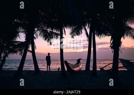 Silhouette of young man with dog under palm trees. Traveler standing on beach and watching sea at colorful sunrise. Sri Lanka