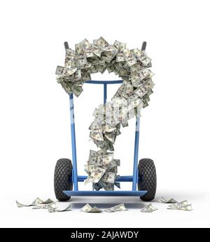 3d rendering of hand truck standing in half-turn with question mark made up of dollar banknotes on it. Make money fast. Delivery business. Quick money Stock Photo