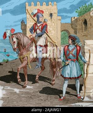 The Archers of Burgundy, Burgundy Guard or Blade Guard, were an armed unit from the Burgundy Guard of Archers, introduced in Spain by King Philip I of Castile, whose components served on foot inside the royal rooms and on horseback in the outside. Engraving by Serra. Museo Militar, 1883. Later colouration. Stock Photo