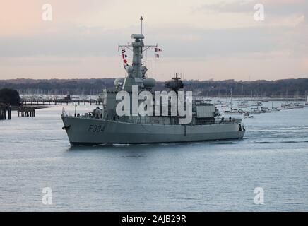 The Portuguese Naval frigate NRP DOM FRANCISCO DE ALMEIDA departs from Portsmouth Naval Base after a four day visit Stock Photo