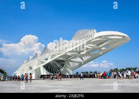 Tourists at the Museum of Tomorrow, designed by Spanish architect Santiago Calatrava, in Rio de Janeiro, Brazil. Stock Photo