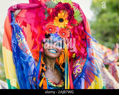 Beautiful Brazilian woman of African descent wearing colourful costumes and smiling during Carnaval street party in Rio de Janeiro, Brazil. Stock Photo