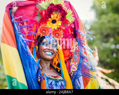 Beautiful Brazilian woman of African descent wearing colourful costumes and smiling during Carnaval street party in Rio de Janeiro, Brazil.