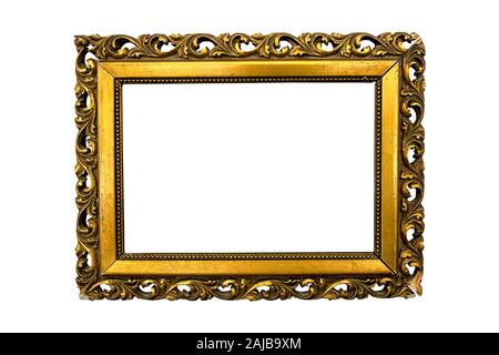 very old gilded wooden picture frame, baroque, damaged, isolated on white background Stock Photo