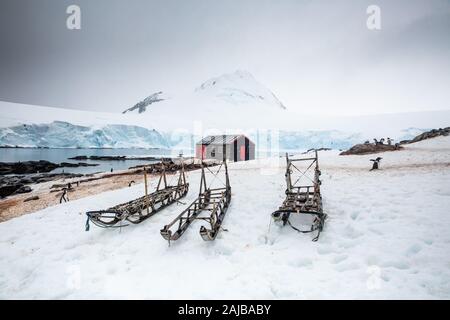 Wooden sledges at Port Lockroy (penguin post office), Antarctica Stock Photo