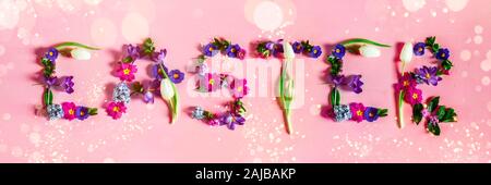 Easter minimal concept. Banner with word Easter made from spring flowers on the pink background Stock Photo