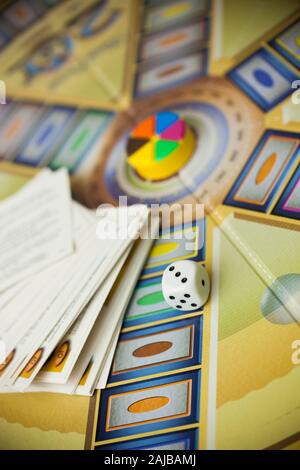 Woodbridge, NJ - January 3, 2020: A closeup view of the classic family board game, Trivial Pursuit. This particular version is the 20th Anniversary Ed Stock Photo